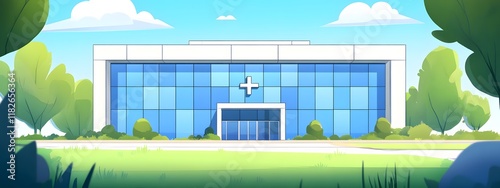 A hospital building with blue windows, in a cartoon style.