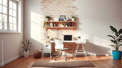 Wallpaper Mural Modern minimalist home office, warm autumn colors, natural light, plants, rustic brick wall, open shelving, white desk, comfortable chair, laptop, patterned rug, earthy and cozy atmosphere Torontodigital.ca