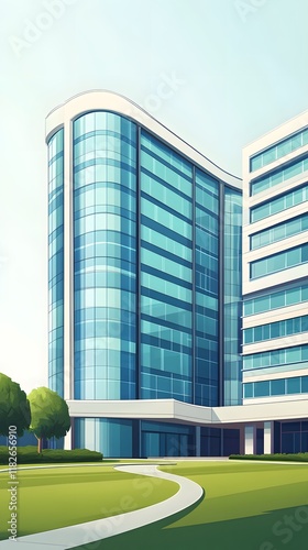 A hospital building with blue windows, in a cartoon style.