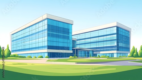 A hospital building with blue windows, in a cartoon style.