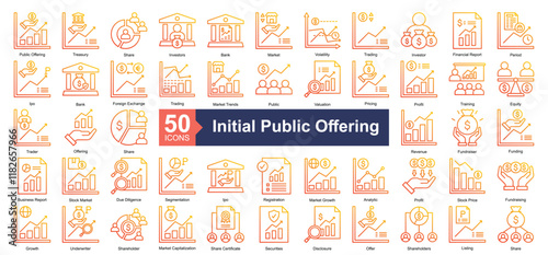 Initial Public Offering Icon Collection Set.Containing public offering, treasury, share, investors, bank, market, volatility icon. Simple outline gradient style Vector Illustration.	