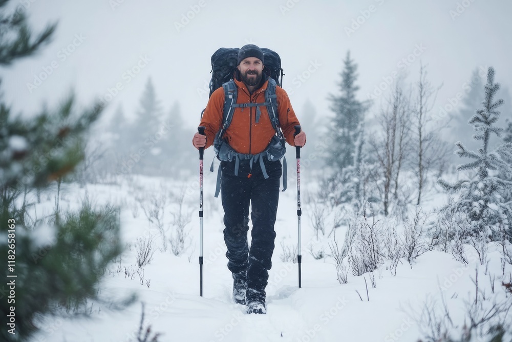 A male hiker trudges through a snowy terrain, equipped with a backpack and Nordic walking poles, enjoying the beauty of winter. The landscape is serene, surrounded by trees A male hiker trudges through a snowy terrain, equipped with a backpack and Nordic walking poles, enjoying the beauty of winter. The landscape is serene, surrounded by trees