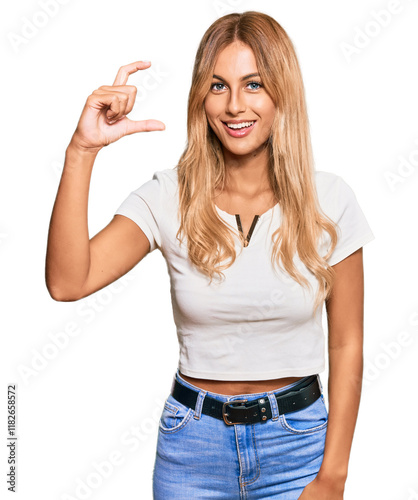 Beautiful blonde young woman wearing casual white tshirt smiling and confident gesturing with hand doing small size sign with fingers looking and the camera. measure concept. photo