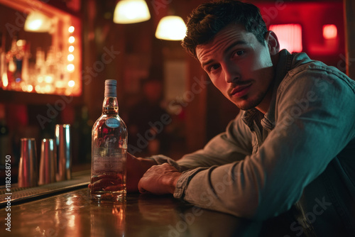 A man leans on the bar with a bottle of vodka in his hand, surrounded by a cozy yet lively atmosphere. The warm lights accentuate the bar's inviting setting at night.