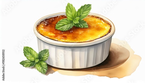 watercolor isolated creme brulee in a white ramekin topped with fresh mint leaves