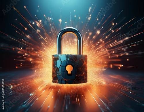 security and privacy attack concept a padlock explodes with sparks symbolizing security breaches and digital safety in a dramatic visual representation