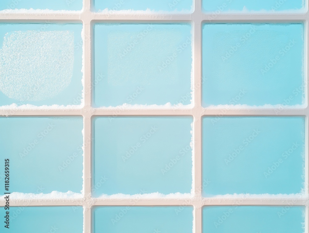 Fototapeta premium Frost-Covered Window Grid with Soft Light Highlighting Winter Coldness