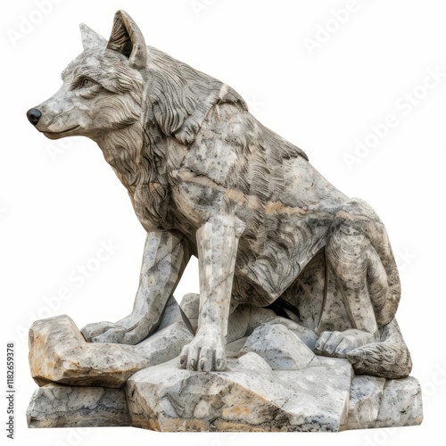 Stone wolf sculpture sitting on a rock, an impressive piece of art showcasing the beauty and power of nature photo