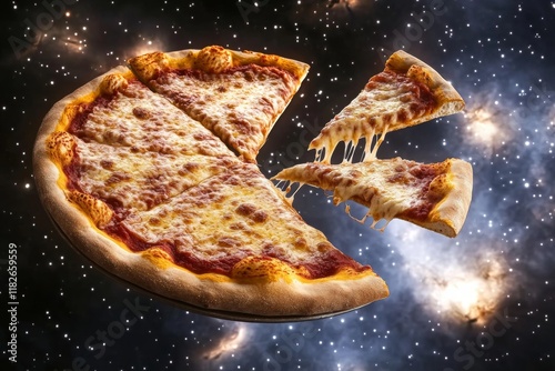 Slices of melting cheese pizza drift through the vastness of space, defying gravity and showcasing their delicious toppings. The cosmic background enhances the surreal experience photo