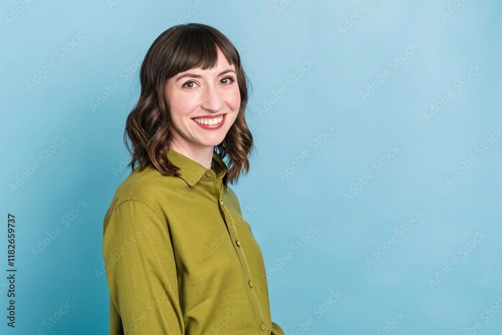 Photo portrait of cute smiling pretty girl with brunette short hair , isolated on blue color background Photo portrait of cute smiling pretty girl with brunette short hair , isolated on blue color background