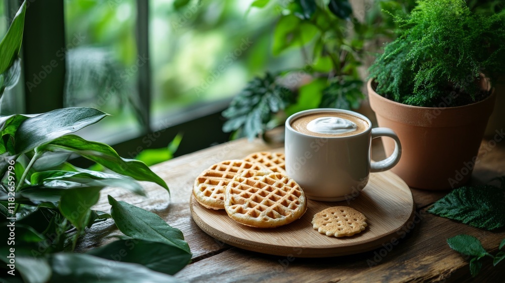 A minimalistic composition featuring waffles with cream, a cup of coffee, and a cookie on a wooden plate surrounded by greenery