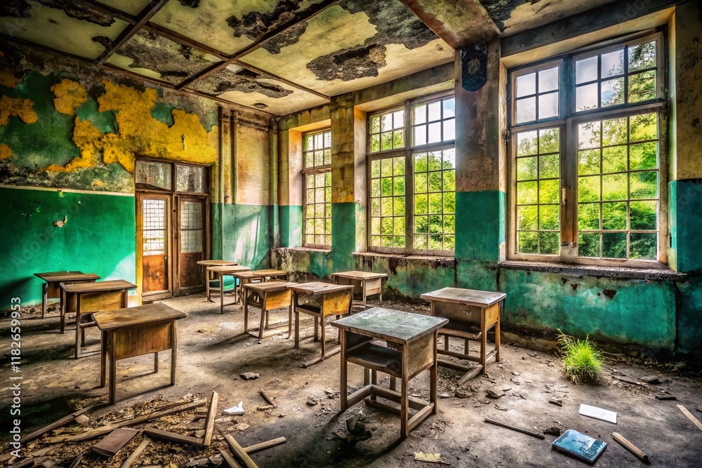 Abandoned Classroom, Empty Desks, Urban Exploration Photography, Decaying School, Vintage Schoolroom Abandoned Classroom, Empty Desks, Urban Exploration Photography, Decaying School, Vintage Schoolroom