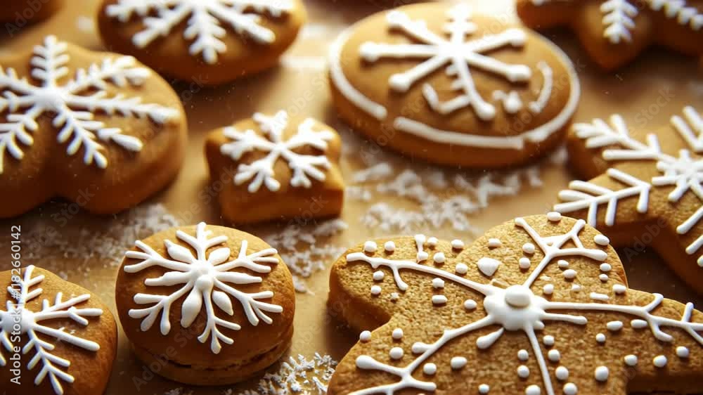 A close-up of decorated gingerbread cookies in festive shapes and patterns. A close-up of decorated gingerbread cookies in festive shapes and patterns.