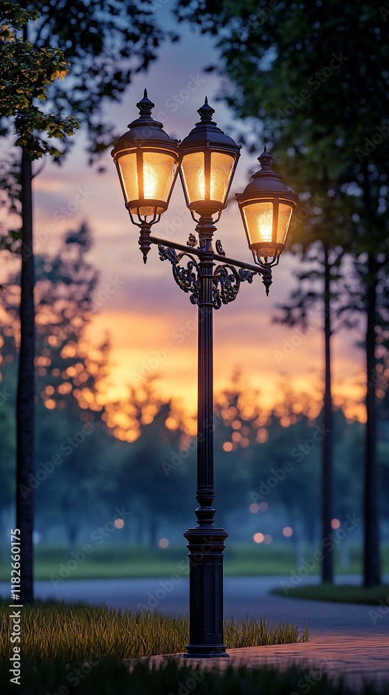 Sunset park lamppost, twilight glow, path Sunset park lamppost, twilight glow, path