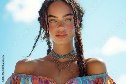 Portrait of a woman in a sunlit scene, wearing vibrant clothing and styled with intricate braids, evoking a sense of freedom, individuality, and beauty. photo