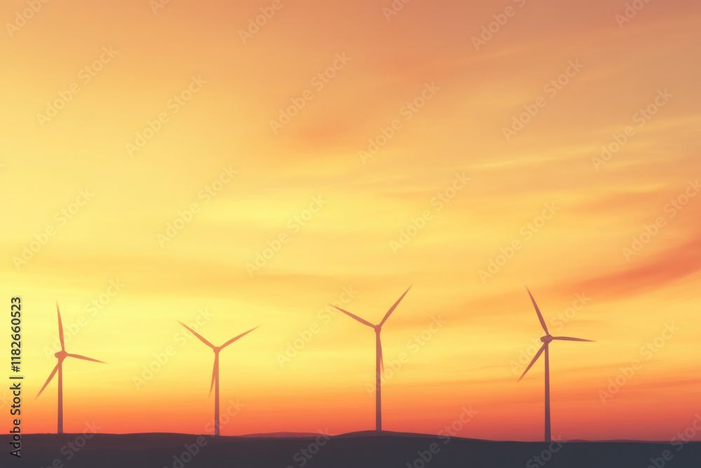 Obraz premium A group of wind turbines are silhouetted against a beautiful sunset