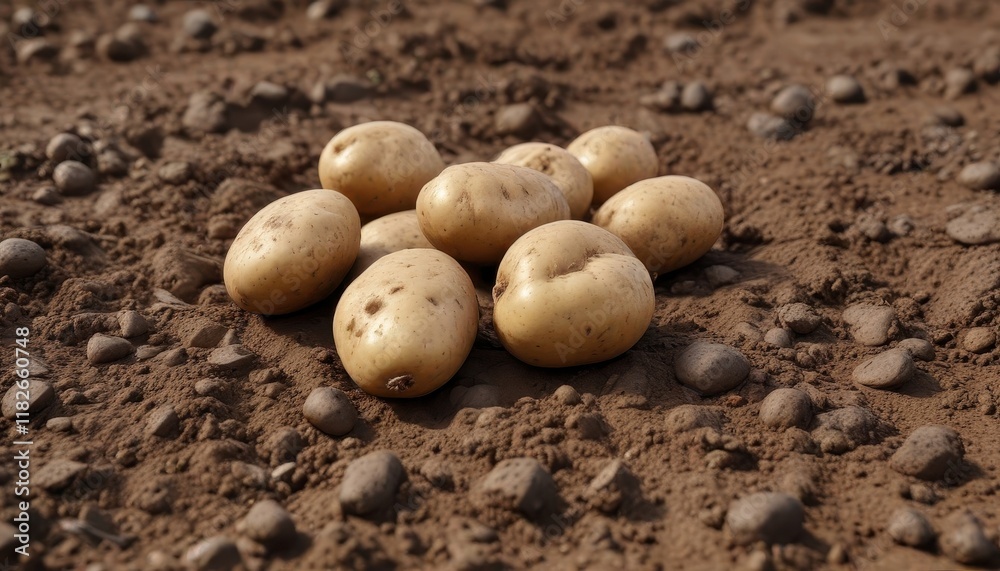 Clean, freshly dug potatoes lie on tilled soil , root vegetable, crop, field Clean, freshly dug potatoes lie on tilled soil , root vegetable, crop, field