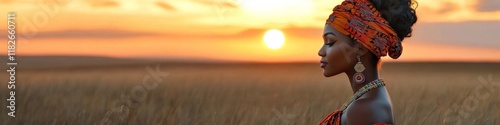 Vibrant Zulu Tradition at Sunset South African Woman in Ethnic Attire Amidst Golden Savanna