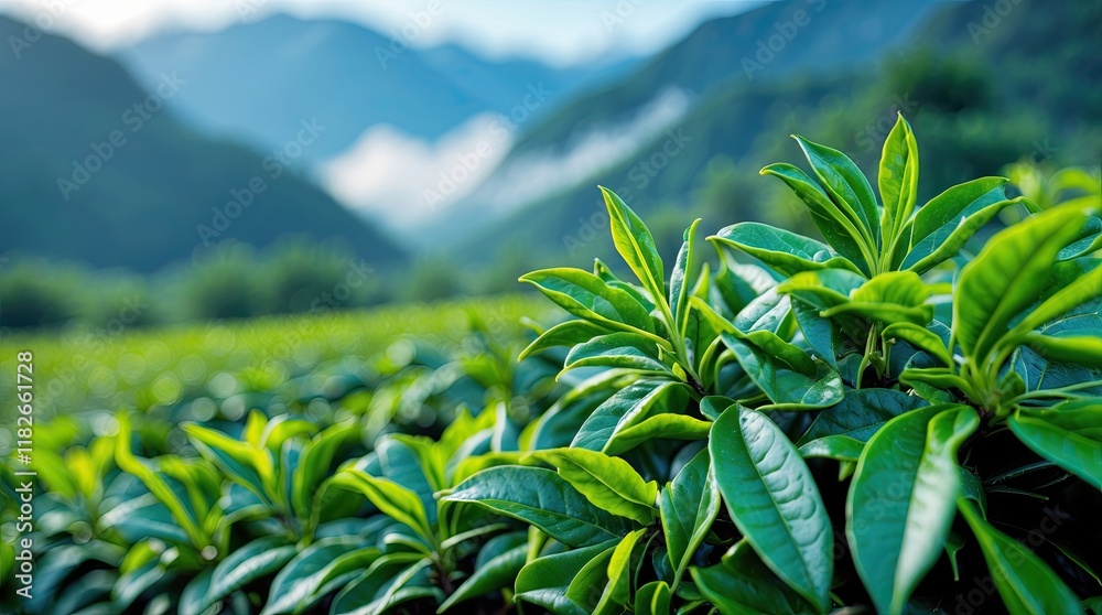 Fototapeta premium Lush Green Tea Plantation with Mountain View