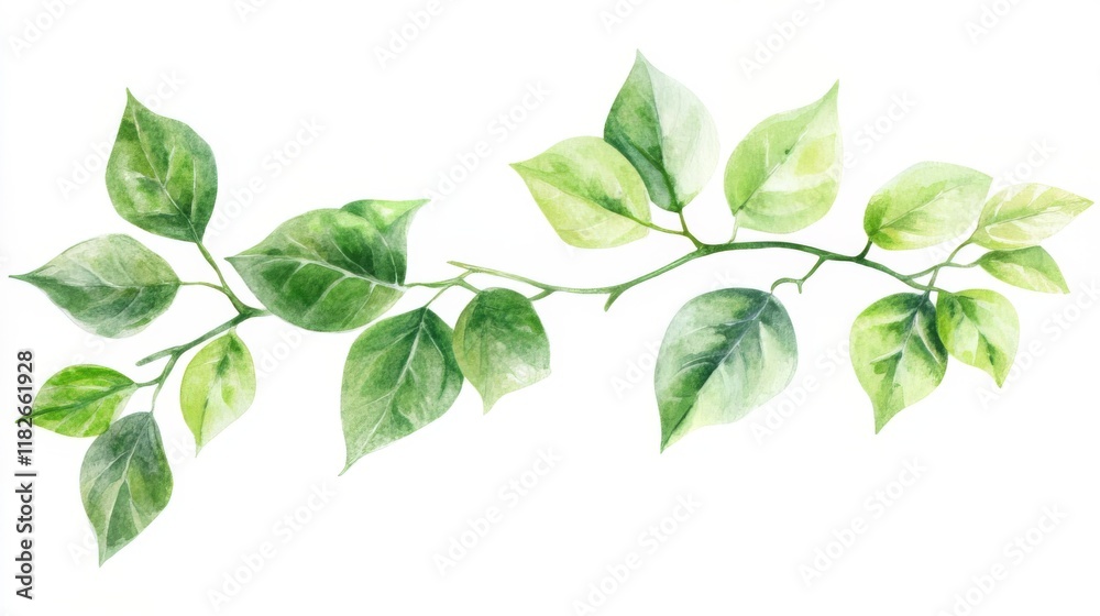 Fototapeta premium Delicate Watercolor Branch with Vibrant Green Leaves - Fresh Botanical Illustration