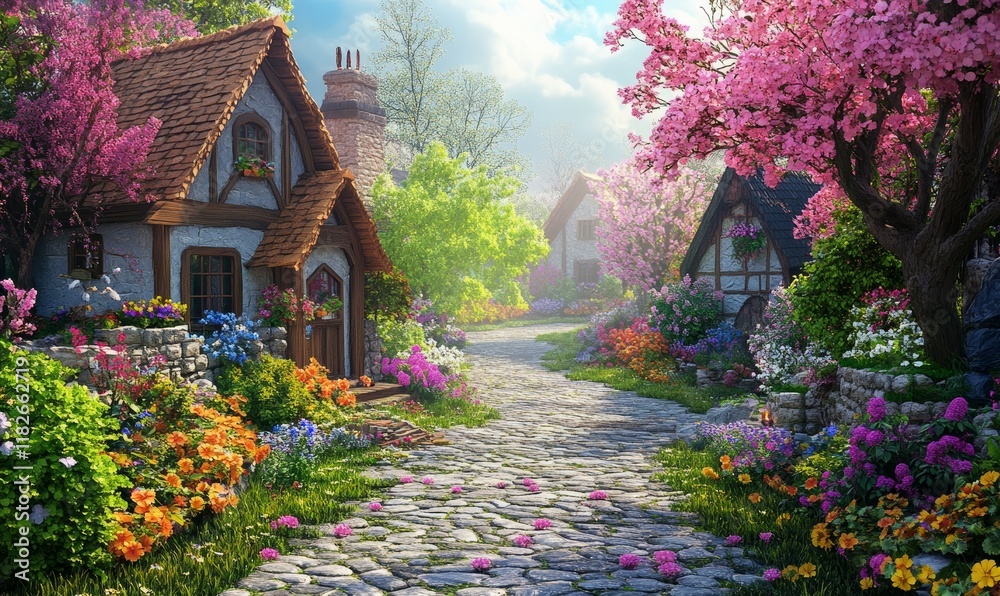 Naklejka premium Fantasy village with cobblestone path and houses, vibrant spring flowers.