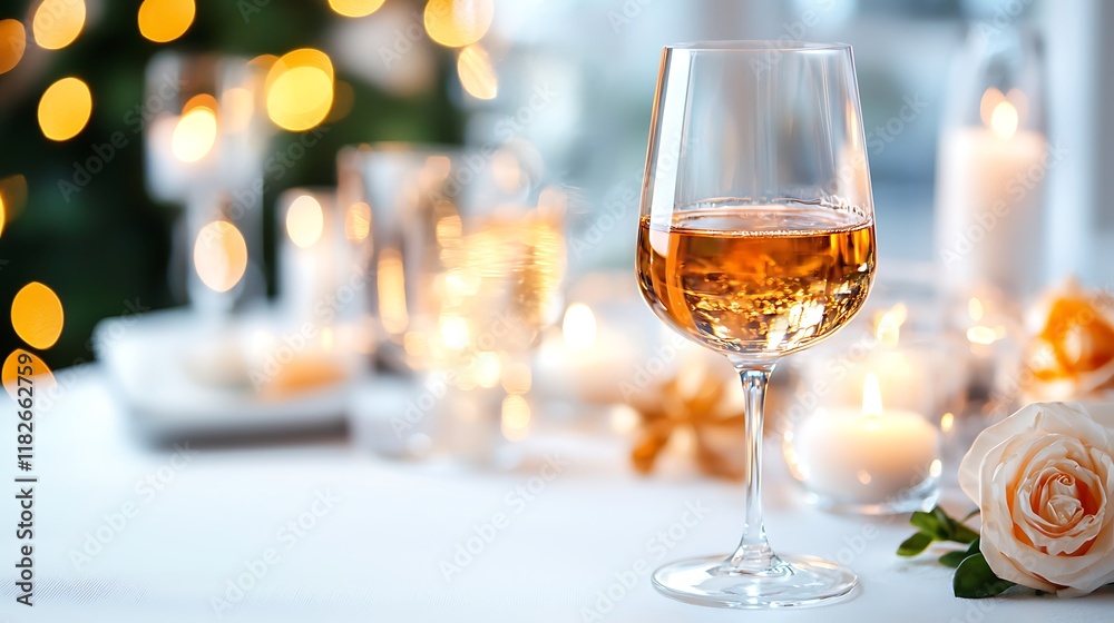 Festive table setting with wine glass, candles, and rose. Festive table setting with wine glass, candles, and rose.