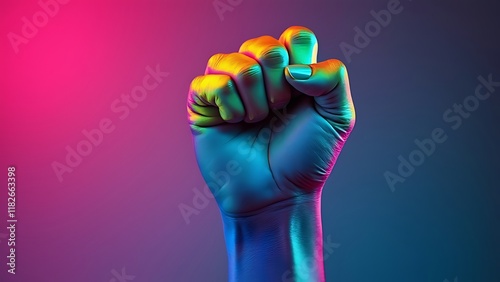 Raised rainbow fist of a woman for PRIDE month and the LGBTQIA+ movement. Pride day for sexuality freedom, love diversity celebration and the fight for human rights Stock Photo photography