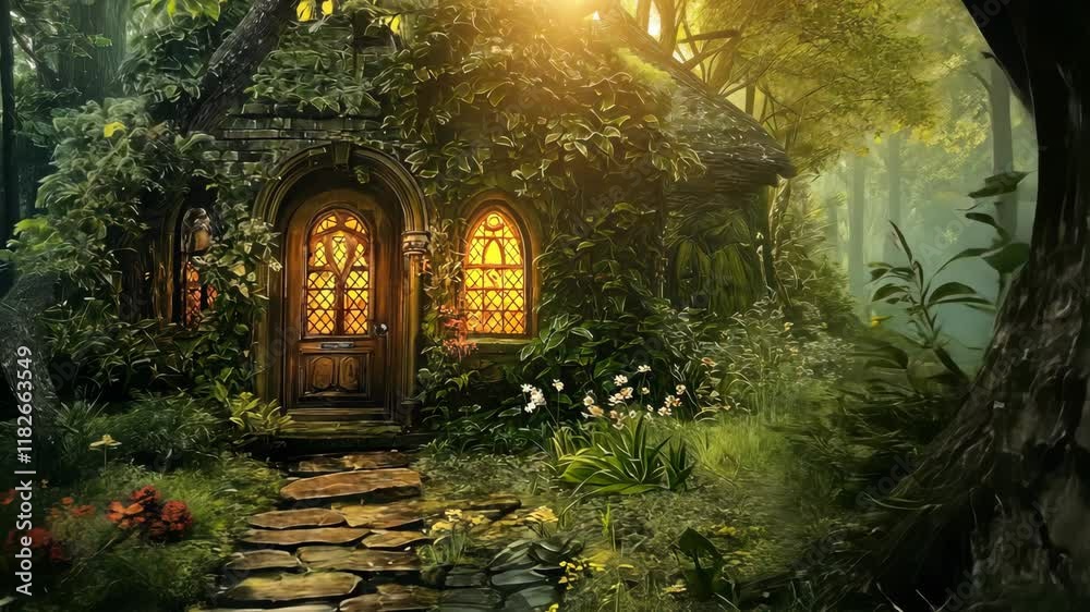 Mystical forest with a glowing door surrounded by dense greenery and soft light. Fantasy and adventure concept. High quality 4k footage Mystical forest with a glowing door surrounded by dense greenery and soft light. Fantasy and adventure concept. High quality 4k footage