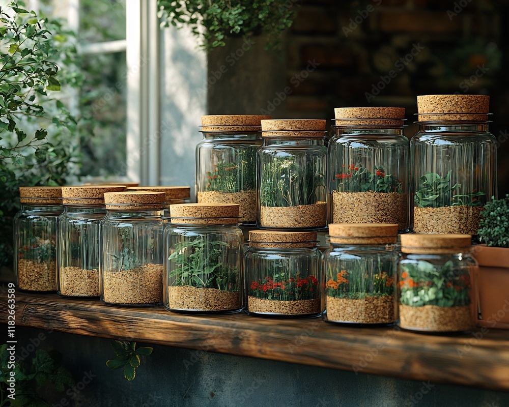 Fototapeta premium collection transparent glass jars cork lids shelf natural light fluid hyperreal contemporary adaptive artistic innovative layout