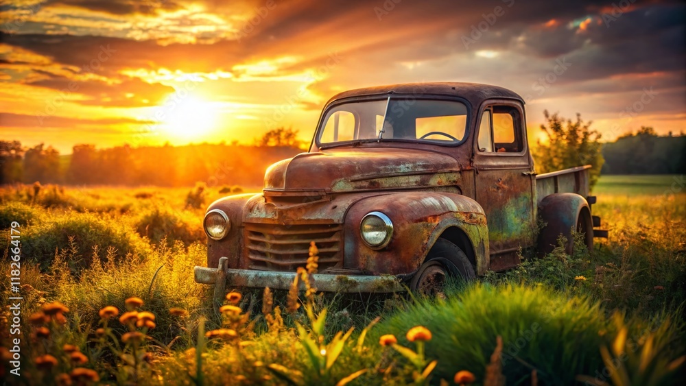 Obraz premium Abandoned Truck in a Field, Bokeh Background, Rusting Vehicle, Overgrown, Sunlit