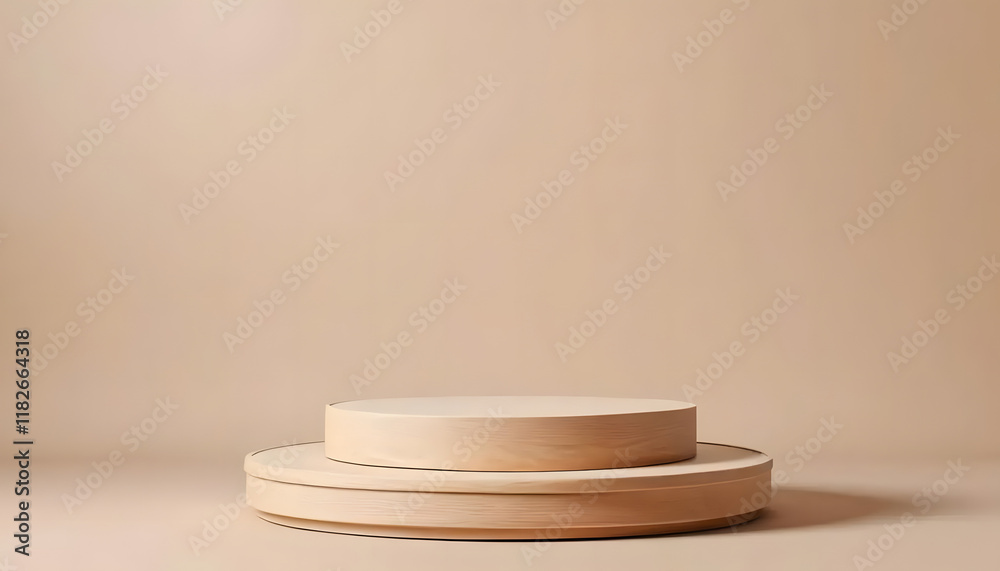 Round wooden podium on beige background for product presentation. Generative Ai Round wooden podium on beige background for product presentation. Generative Ai
