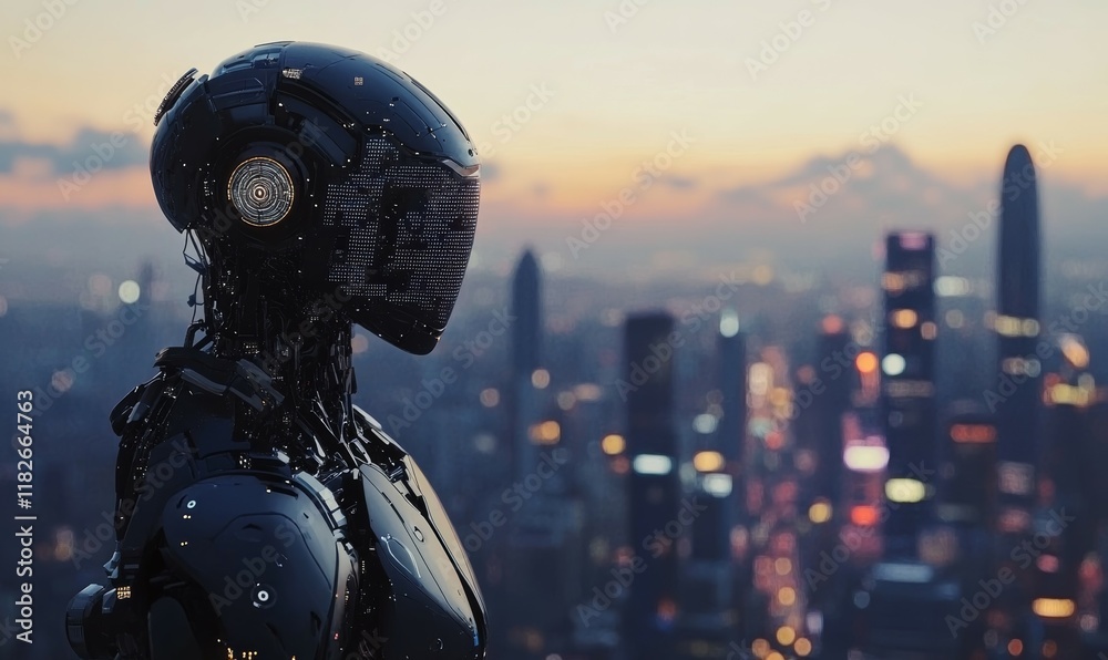 Fototapeta premium Futuristic AI Humanoid Robot in Metropolitan Cityscape