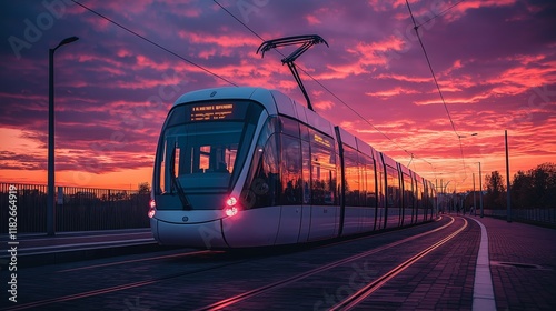 A close-up view of a modern tram pantograph against a vibrant sunset sky, highlighting the tram's sleek design and the dynamic lighting photo