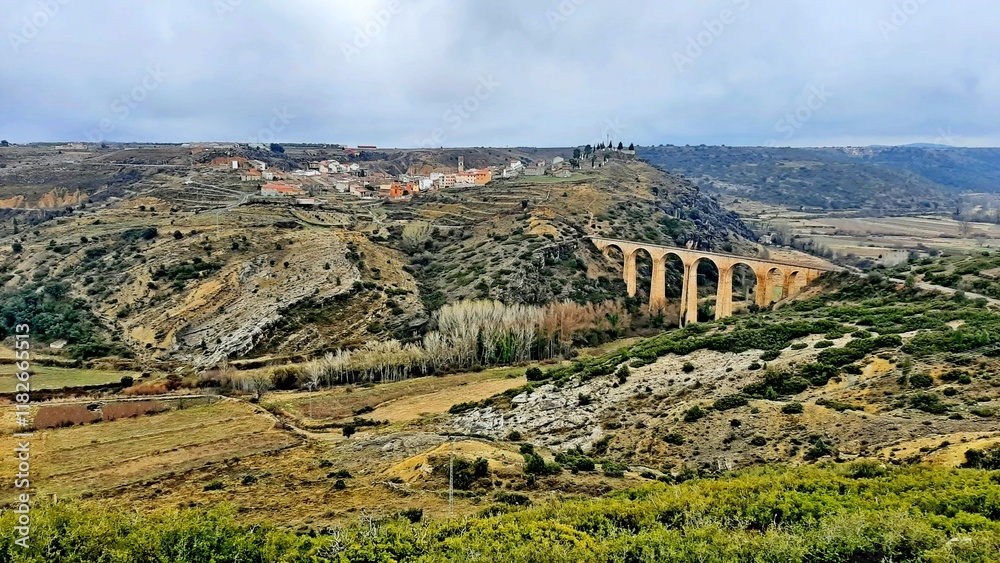 Naklejka premium view of the village of Albentosa Teruel acueduct