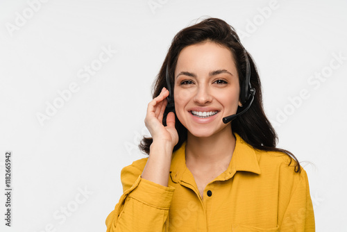Close up portrait of friendly smiling woman female consultant manager worker of a call canter hot line costumer support in headset isolated on white background. Ready to help