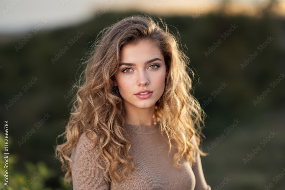 Portrait of italian young Woman with blond curls looking at camera Portrait of italian young Woman with blond curls looking at camera