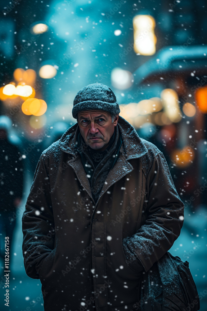 A man standing in the snow in the middle of a city at night A man standing in the snow in the middle of a city at night