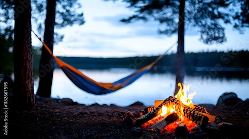 Campfire burning brightly near a relaxing hammock by a tranquil lake at dusk.
