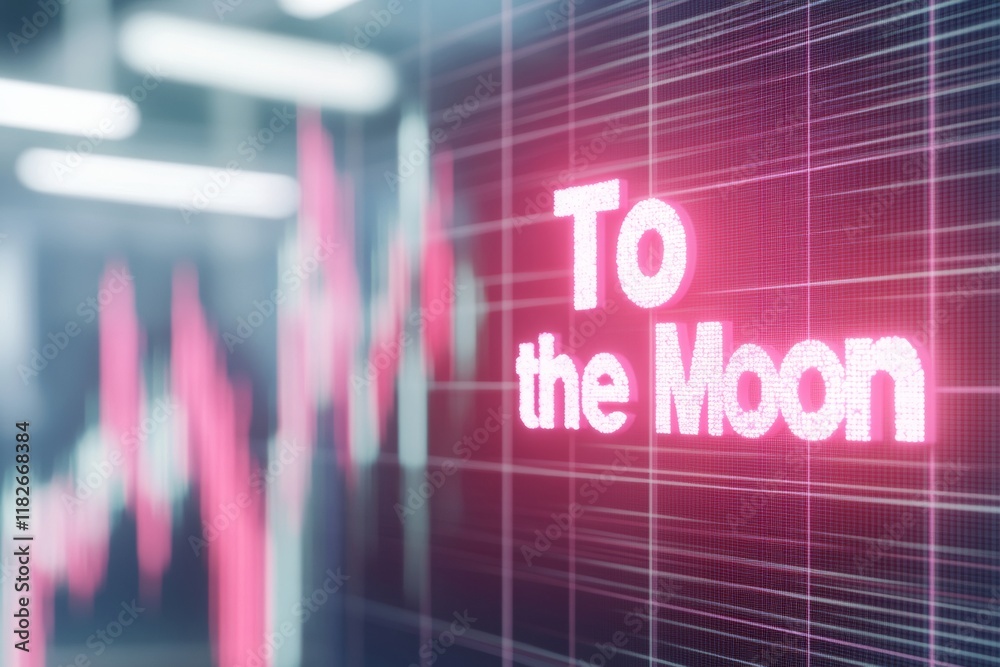 Neon To the Moon Sign with Digital Finance Graphics on a Dark Grid Background