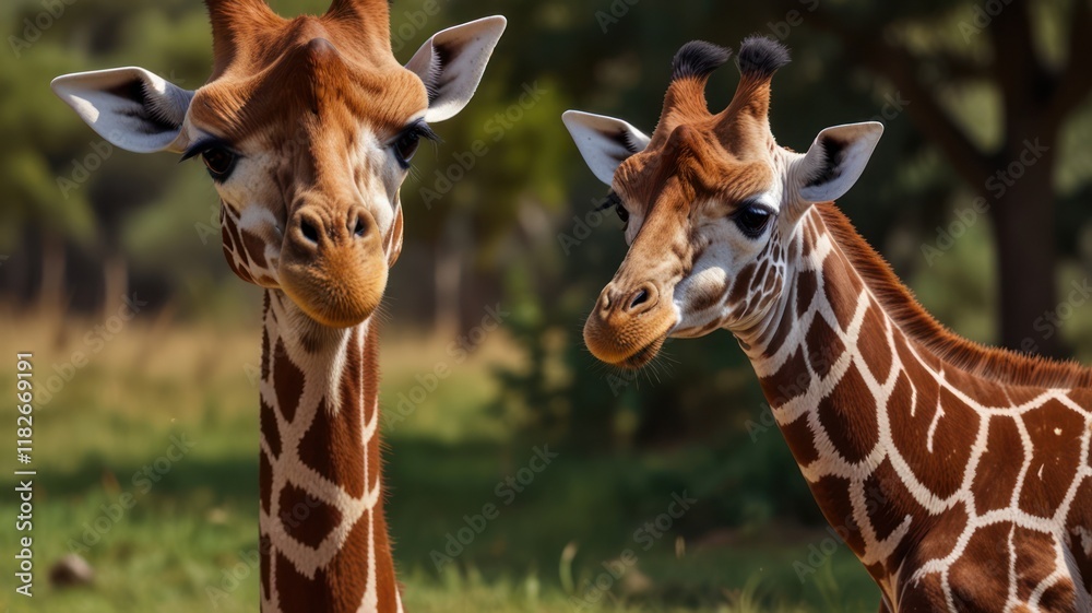 Fototapeta premium Two giraffes, one adult and one young, stand side-by-side in a grassy field.