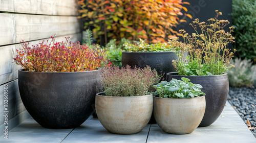 Outdoor flower pots with vibrant plants and herbs against a wooden wall. Modern garden decoration and sustainable landscaping concept for design and editorial use. 