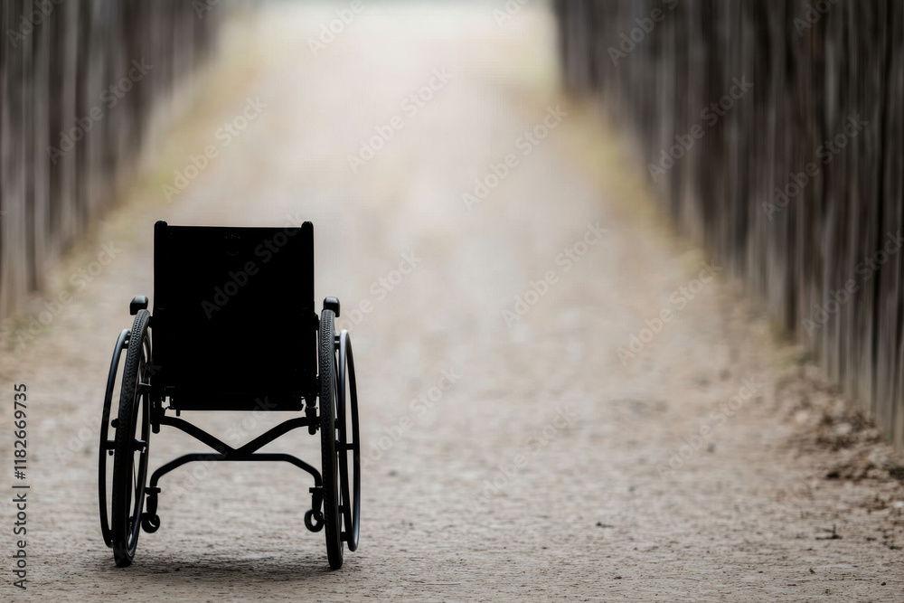 Obraz premium A black wheelchair is sitting on a dirt road