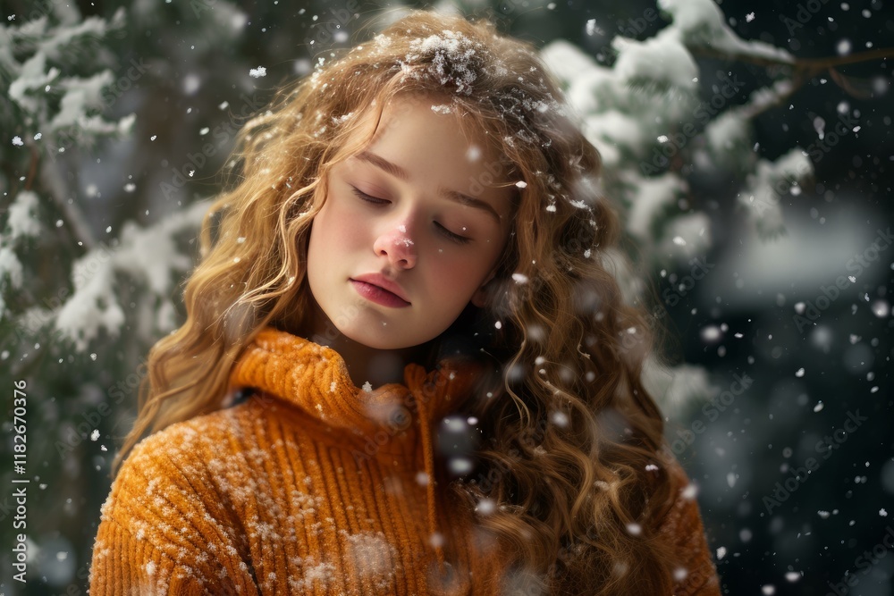 Teenager model with closed eyes posing in a snowy forest while snowflakes are falling on her Teenager model with closed eyes posing in a snowy forest while snowflakes are falling on her