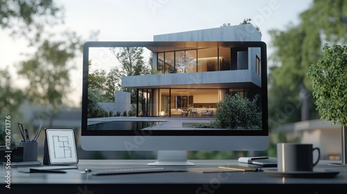 A sleek 3D rendering of a modern residential home displayed on a computer screen, surrounded by minimalist desk items like sketches, a coffee cup, and a digital tablet. photo