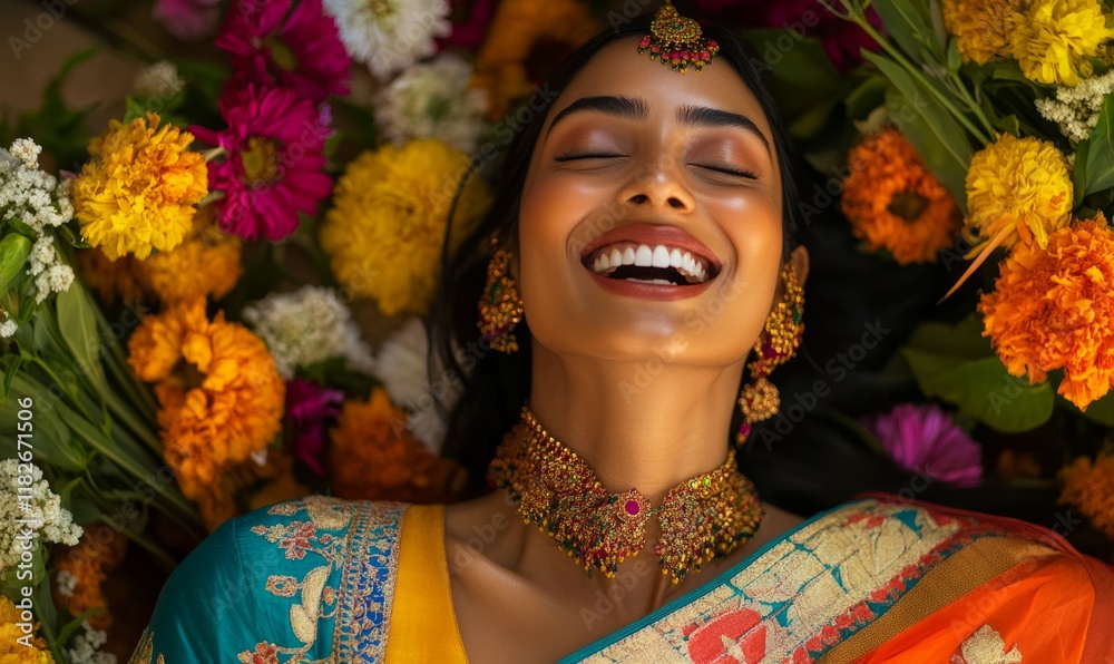 Fototapeta premium Joyful woman in traditional Indian saree, laughing with vibrant colors and intricate embroidery, surrounded by flowers, evoking celebration and culture