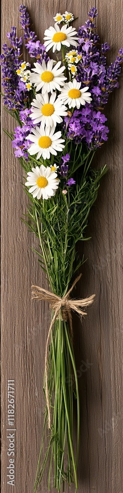 Fototapeta premium A beautiful bouquet of lavender and daisies tied with twine, showcasing vibrant purple and white flowers on a wooden background.