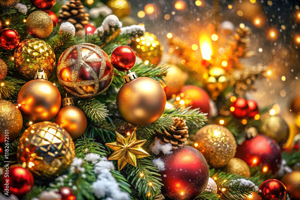 Close-up of richly decorated Christmas tree with gold and red ornaments, pine cones, and twinkling lights. Close-up of richly decorated Christmas tree with gold and red ornaments, pine cones, and twinkling lights.