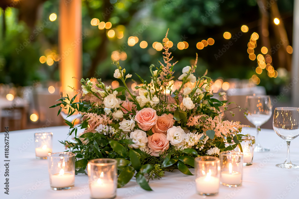 Fototapeta premium Elegant Floral Centerpiece with Candles on a Wedding Table in a Romantic Outdoor Setting