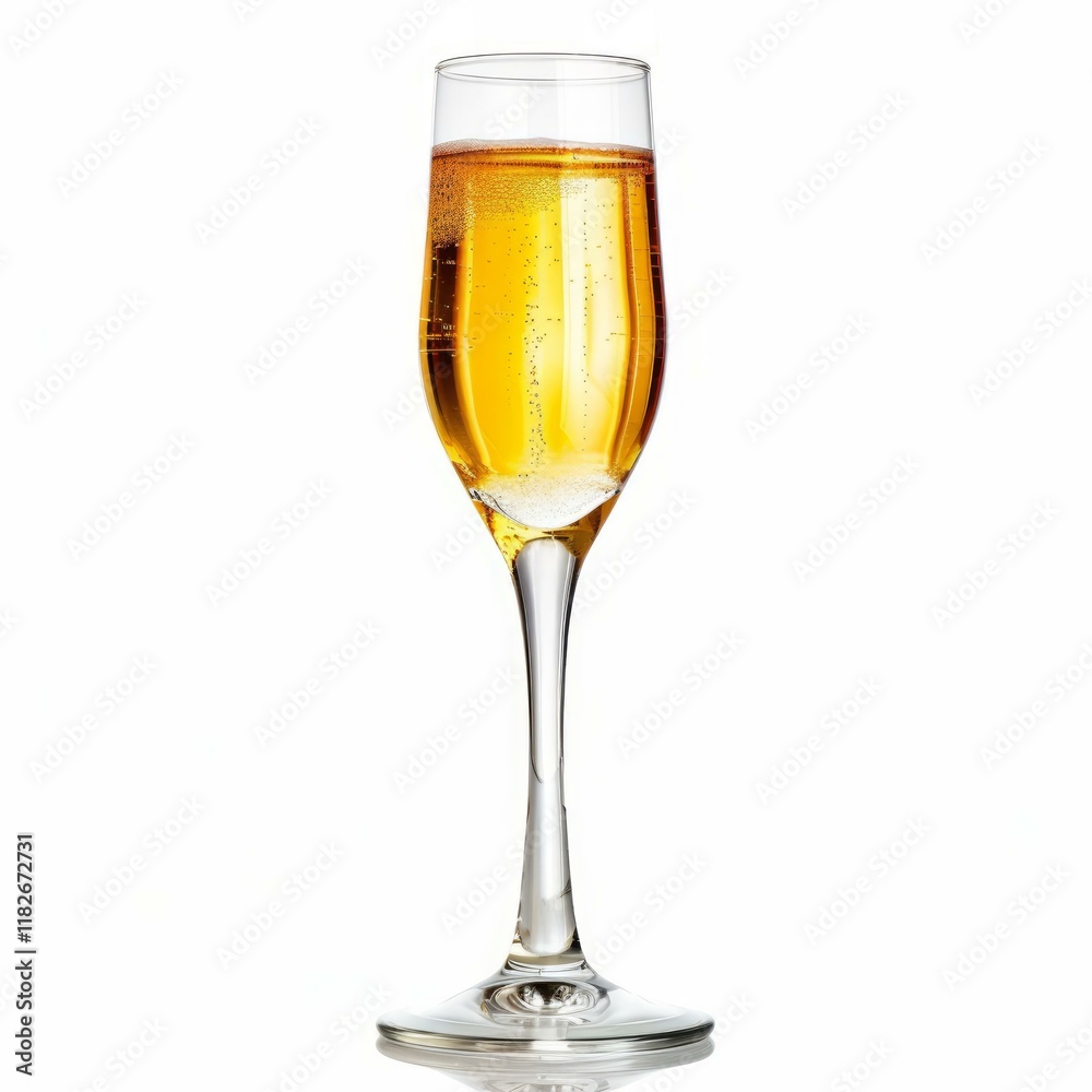 Single glass of sparkling wine standing on a white background, with bubbles rising to the surface Single glass of sparkling wine standing on a white background, with bubbles rising to the surface
