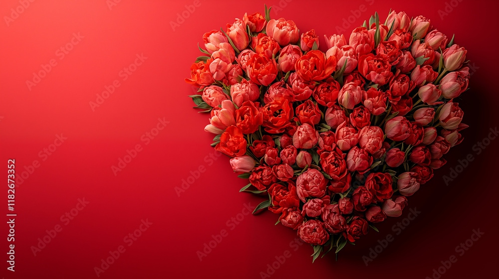 Heart shaped red tulip arrangement on crimson background, love symbol Heart shaped red tulip arrangement on crimson background, love symbol